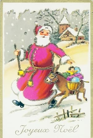 Glitzer Ansichtskarte / Postkarte Glückwunsch Weihnachten, Weihnachtsmann mit Esel, Geschenke