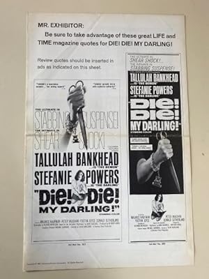 Image du vendeur pour Die! Die! My Darling! Advertising Supplement 1965 Tallulah Bankhead, Stefanie Powers mis en vente par AcornBooksNH