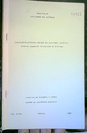 Image du vendeur pour Consideraciones sobre el espaol actual. Sobretiro de Anuario de Letras Vol. XVIII 1980 mis en vente par Librera La Candela