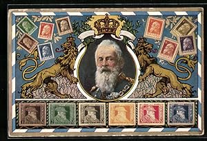 Ansichtskarte Bayerische Briefmarken und Portrait von Prinzregent Luitpold