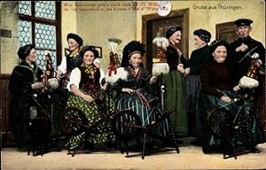 Ansichtskarte / Postkarte Gruß aus Thüringen, Frauen an Spinnrädern, Traditionelle Trachten