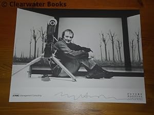 Seller image for A large promotional black and white photograph of the poet and playwright posing next to a Gatlin gun, specially designed for the National Theatre production of his play 'Square Rounds'. (SIGNED) for sale by Clearwater Books