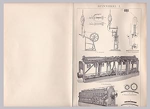 Spinnerei I und Spinnerei II - Faltblatt / Doppelblatt mit diversen Abbildungen aus Brockhaus Kon...