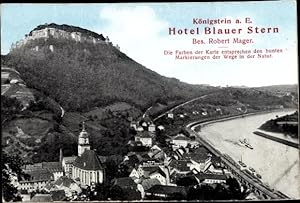 Immagine del venditore per Ansichtskarte / Postkarte Knigstein an der Elbe Schsische Schweiz, Hotel Blauer Stern, Festung, Schiff, Kirche, Landkarte - Bes. Robert Mager venduto da akpool GmbH