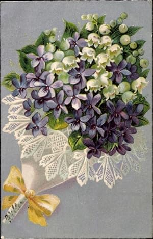Präge Litho Blumenstrauß, Veilchen, Maiglöckchen