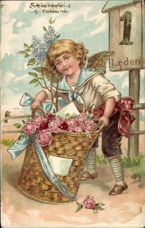 Glitzer Präge Ansichtskarte / Postkarte Glückwunsch Neujahr, Engel, Blumen, Rosen, Kalender, Korb