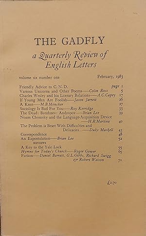 Bild des Verkufers fr The Gadfly: a quarterly review of English letters, volume six, number one, February 1983 zum Verkauf von Shore Books