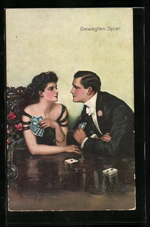 Bild des Verkufers fr Knstler-Ansichtskarte Clarence F. Underwood: Gewagtes Spiel, Liebespaar beim Kartenspiel zum Verkauf von Bartko-Reher