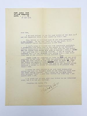 Imagen del vendedor de Typed letter signed ("Ford Madox Ford") to Percival Hinton, English journalist and bibliophile; Paris, November 27, 1931 a la venta por Riverrun Books & Manuscripts, ABAA