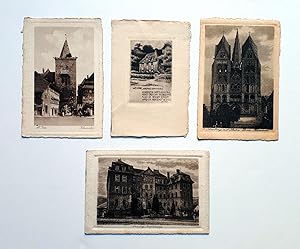 3 Kupfertiefdruck-Karten und eine Radierung (Ansichtskarte) - Alt Jena, Arnsberg, Limburg, Weimar...