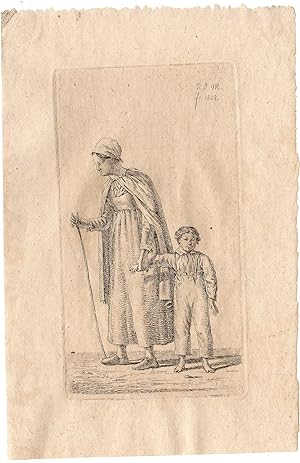 Seller image for Antique Master Print-MOTHER-CHILD-WOMAN WITH CANE-WALKING-de Man-1828 for sale by Pictura Prints, Art & Books