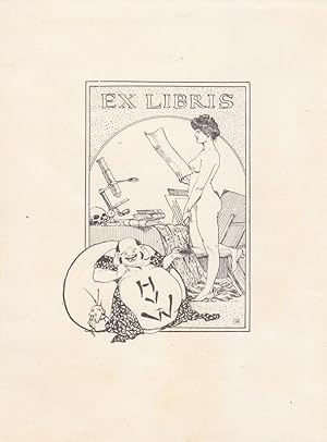 Seller image for Ex Libris H v W [Dr. H. v. Winiwarter]. Papier betrachtender Frauenakt vor Tisch mit Bchern und Mikroskop,davor lachender Sumo. for sale by Antiquariat  Braun