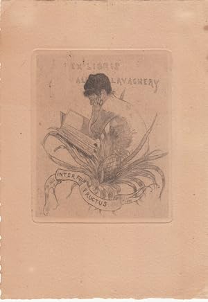 Seller image for Ex Libris Al[bert] Lavachery. Sitzend lesender weiblicher Akt. "Inter folia fructus". for sale by Antiquariat  Braun