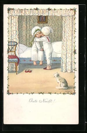Bild des Verkufers fr Knstler-Ansichtskarte Pauli Ebner: Gute Nacht!, Junge umarmt Mdchen am Bett zum Verkauf von Bartko-Reher