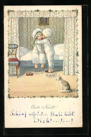 Bild des Verkufers fr Knstler-Ansichtskarte Pauli Ebner: Gute Nacht !, Junge umarmt Mdchen am Bett zum Verkauf von Bartko-Reher