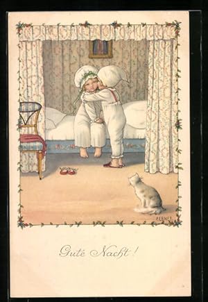 Bild des Verkufers fr Knstler-Ansichtskarte Pauli Ebner: Gute Nacht!, Junge umarmt Mdchen am Bett zum Verkauf von Bartko-Reher