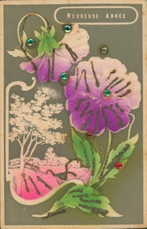 Glitzer Präge Ansichtskarte / Postkarte Glückwunsch Neujahr, Blumen, Baum