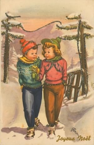 Glitzer Künstler Ansichtskarte / Postkarte Furlan, Glückwunsch Weihnachten, Kinder, Spaziergang, ...
