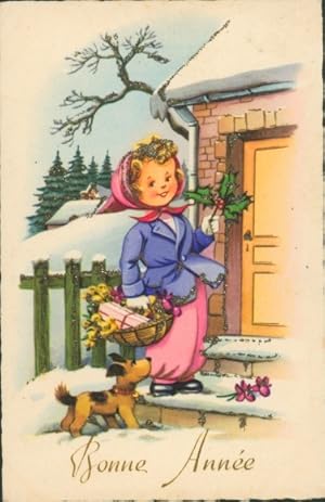 Glitzer Ansichtskarte / Postkarte Glückwunsch Neujahr, Mädchen, Hund, Stechpalme, Geschenke, Haustür