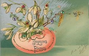 Glitzer Ansichtskarte / Postkarte Glückwunsch Ostern, Schneeglöckchen in Blumenvase