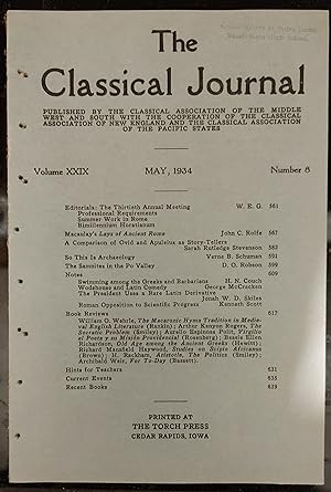Bild des Verkufers fr The Classical Journal Volume XXIX Number 8 May 1934 / John C Rolfe "Macauley's 'Lays of Ancient Rome'" / Sarah Rutledge Stevenson "A Comparison of Ovid and Apuleius as Story-Tellers" / Verne B Schuman "So This Is Archaeology" / D O Robson "The Samnites in the Po Valley" zum Verkauf von Shore Books