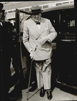 Seller image for Sir Winston Churchill leaving a vehicle in a light suit with cane. Original photograph. for sale by Wittenborn Art Books