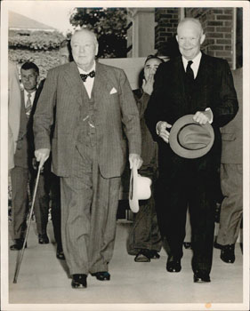 Sir Winston Churchill and President Dwight Eisenhower leaving Walter Reed Army Hospital, May 5, 1...