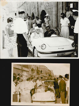 Winston Churchill being driven by Aristotle Onassis in a Fiat 500 convertible in Greece and Turke...