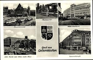 Bild des Verkufers fr Wappen Ansichtskarte / Postkarte Gelsenkirchen, Hauptbahnhof, Sparkasse, Hans Sachs Haus, Stadtgarten, Alter Markt zum Verkauf von akpool GmbH