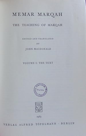 Seller image for Memar Marqah. The teaching of Marqah. Beihefte zur Zeitschrift fr das alttestamentliche Wissen; Bd. 84. for sale by Antiquariat Bookfarm