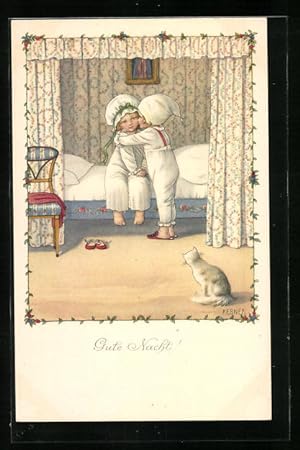 Bild des Verkufers fr Knstler-Ansichtskarte Pauli Ebner: Gute Nacht!, Junge ksst Mdchen am Bett zum Verkauf von Bartko-Reher