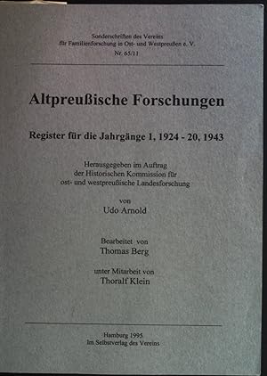 Seller image for Altpreuische Forschungen: Register fr die Jahrgnge 1, 1924-20, 1943. Sonderschriften des Vereins fr Familienforschungen in Ost- und Westpreuen, Nr. 65/11 for sale by books4less (Versandantiquariat Petra Gros GmbH & Co. KG)