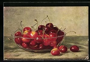 Bild des Verkufers fr Knstler-Ansichtskarte M. Billing: Rote Kirschen in der Schale zum Verkauf von Bartko-Reher