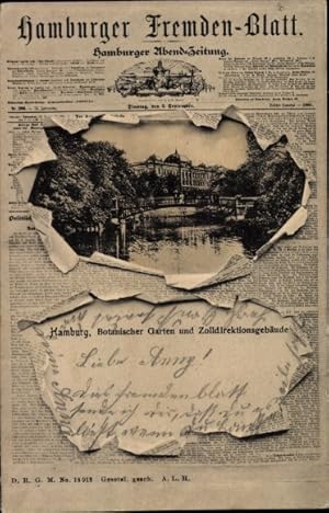 Bild des Verkufers fr Zeitungs Ansichtskarte / Postkarte Hamburg, Hamburger Fremden-Blatt, Botanischer Garten mit Zolldirektionsgebude zum Verkauf von akpool GmbH