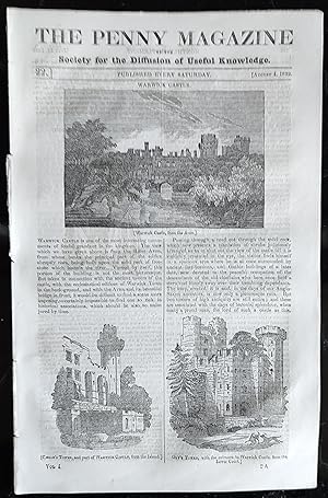 Image du vendeur pour Warwick Castle; The Error of Discouraging the Use of Foreign Manufacture; The Great Sketeton of the Megatherium; The Banian Tree, etc. Issue No. 22, August 4th, 1832. A complete original weekly issue of the Penny Magazine, 1832. mis en vente par Shore Books