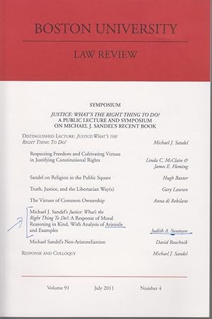 Image du vendeur pour Michael J. Sandel's Justice: What's the Right Thing To Do?: A Response of Moral Reasoning in Kind, With Analysis of Aristotle and Examples. [From: Law Review, Vol. 91, No. 4, July 1911] - Symposium Justice: What's the Right Thing To Do? A Public Lecture and Symposium on Michael J. Sandel's Recent Book]. mis en vente par Fundus-Online GbR Borkert Schwarz Zerfa
