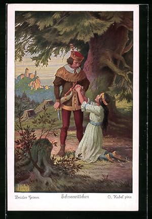 Bild des Verkufers fr Knstler-Ansichtskarte Otto Kubel: Brder Grimm, Schneewittchen kniet vor dem Jger, Mrchen zum Verkauf von Bartko-Reher