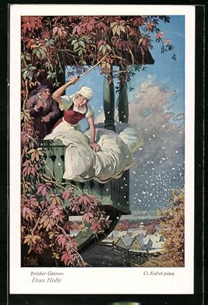Bild des Verkufers fr Knstler-Ansichtskarte Otto Kubel: Brder Grimm, Frau Holle, Mdchen schttelt das Bett auf, Mrchen zum Verkauf von Bartko-Reher