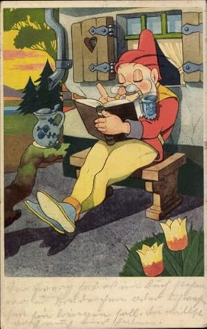 Ansichtskarte / Postkarte Zwerg mit Pfeife und Buch vor einem Haus