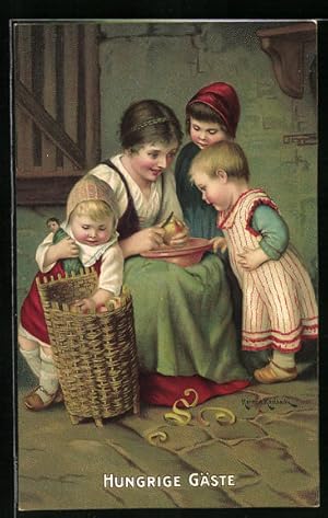 Bild des Verkufers fr Knstler-Ansichtskarte Hermann Kaulbach: Hungrige Gste, Frau mit Kindern zum Verkauf von Bartko-Reher