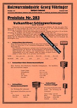 Preisliste Nr. 283 Vulkanfiber-Schlagwerkzeuge. Werbeprospekt vom 7. Juni 1929.