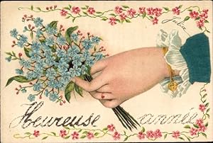 Glitzer Präge Litho Heureuse Année, Hand mit Blumenstrauß, Vergissmeinnicht