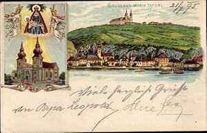 Vorläufer Litho Maria Taferl Marbach Niederösterreich, Gesamtansicht des Ortes, Kirche, Marienbild