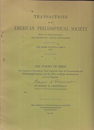 Bild des Verkufers fr The Flight of Birds: The Significant Dimensions, . (Transactions of the American Philosophical Society New Series - Volume 65, Part 4; 1975) zum Verkauf von Bookfeathers, LLC