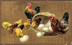 Präge Litho Glückwunsch Ostern, Huhn, Hahn, Eier, Küken