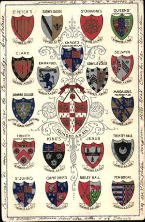 Studentika Wappen Ansichtskarte / Postkarte Crests, St Peter's, Sidney Sussex, St Catharine's, Qu...