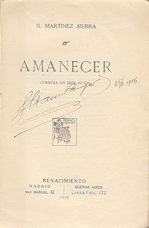 Seller image for AMANECER. Comedia en tres actos for sale by Librera Vobiscum