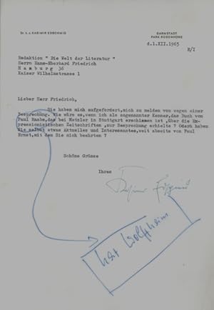 Brief mit eigenhändiger Unterschrift. Darmstadt Park Rosenhöhe 2.12.1965. 1 S. Gr. 8°.