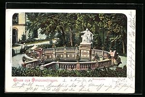 Bild des Verkufers fr Ansichtskarte Donaueschingen, Donauquelle mit Skulpturen zum Verkauf von Bartko-Reher