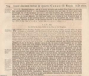 Imagen del vendedor de An Act for The Better Relief of The Poor of this Kingdom. 1662. a la venta por Cosmo Books